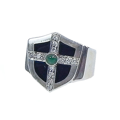 DIRTY HARRY RING w/ONYX, DIAMOND CROSS & EMERALD