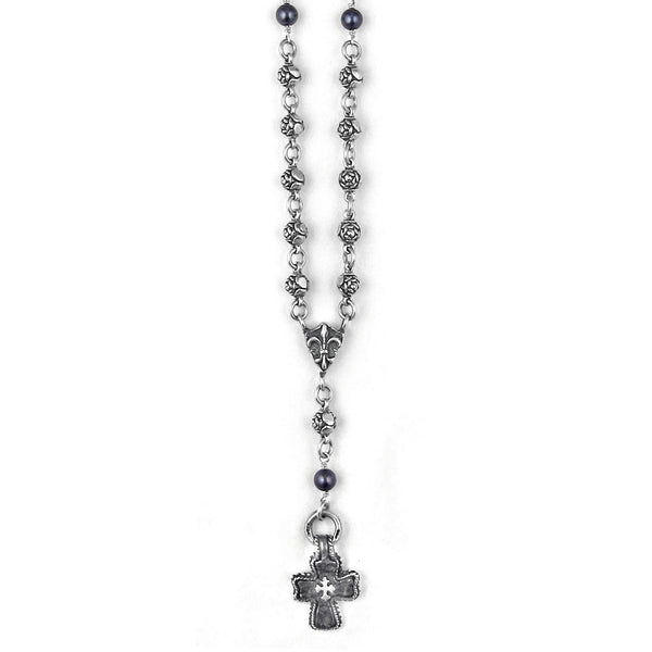 ROSE BEAD & PEARLS ROSARY w/ SMALL LAVA CROSS