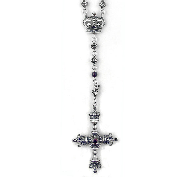 ROSES, SKULLS & BEADS ROSARY w/ LARGE CROSS w/ CROWNS
