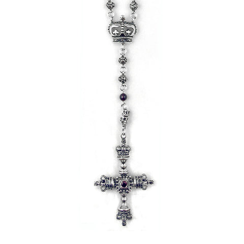 ROSES, SKULLS & BEADS ROSARY w/ LARGE CROSS w/ CROWNS