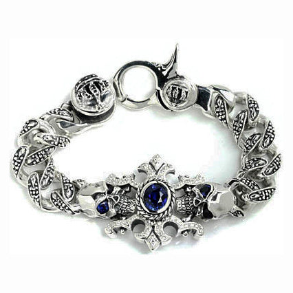 TRIBAL LINK BRACELET w/ SKULLS & AMULET & CZs