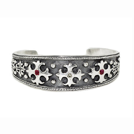 TRIPLE CROSS CUFF w/ DIAMOND CENTER & RUBY OR SAPPHIRE SIDES