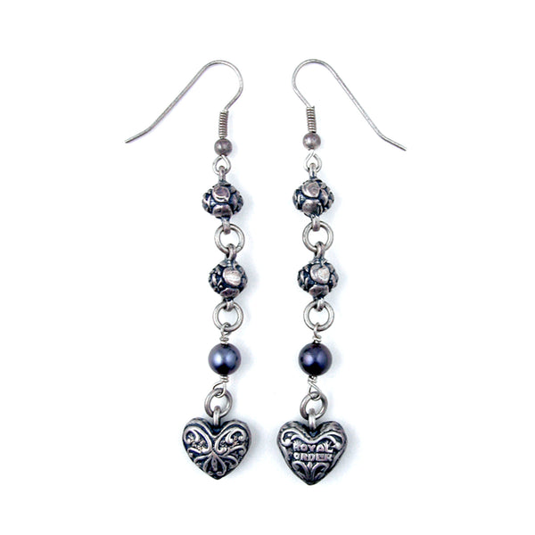 CARVED HEART EARRINGS ON HOOK w/ PEARLS