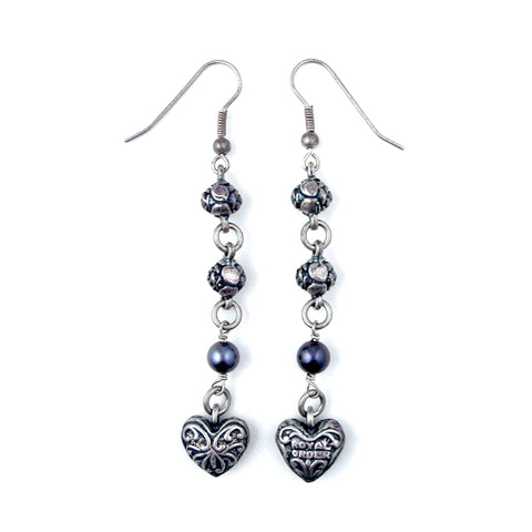 CARVED HEART EARRINGS ON HOOK w/ PEARLS