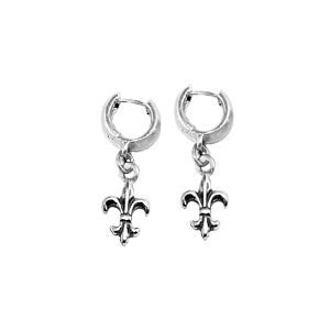 SMALL HUGGIE EARRINGS w/ FLEUR DE LIS CHARM