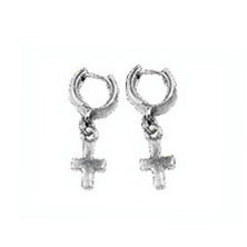 SMALL HUGGIE HOOP EARRINGS w/ CROSS CHARM