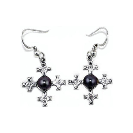 CROSS EARRINGS w/ CENTER PEARL & DIAMONDS