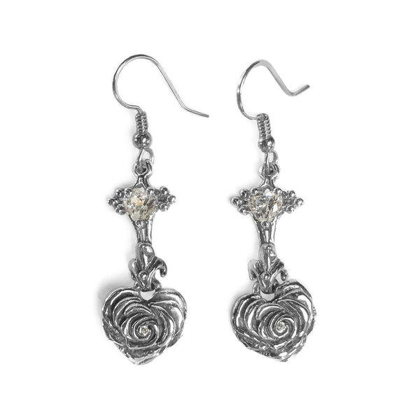 SMALL HEART ROSE FDL DROP EARRING w/ CZ