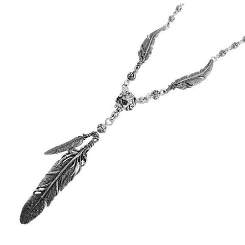 CARVED SKULL & BONES NECKLACE w/ 3 FEATHERS