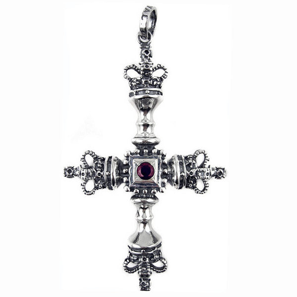LARGE CROSS PENDANT w/ CROWNS & GARNET