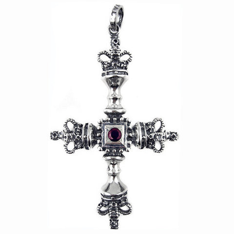 LARGE CROSS PENDANT w/ CROWNS & GARNET