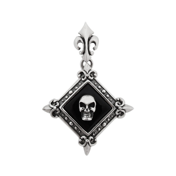 FLEUR DES LIS FRAMED ONYX PENDANT w/ SKULL EMBLEM