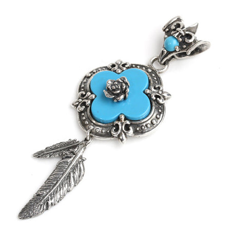 CLOVER ROSE PENDANT w/ TURQUOISE & FEATHERS