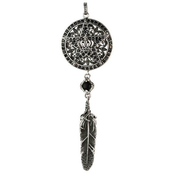 MAGESTIQUE CIRCLE PENDANT w/ STAR, CROWN & FEATHER w/ STONES