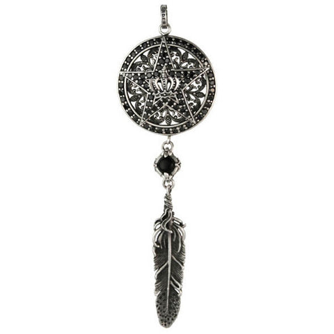 MAGESTIQUE CIRCLE PENDANT w/ STAR, CROWN & FEATHER w/ STONES
