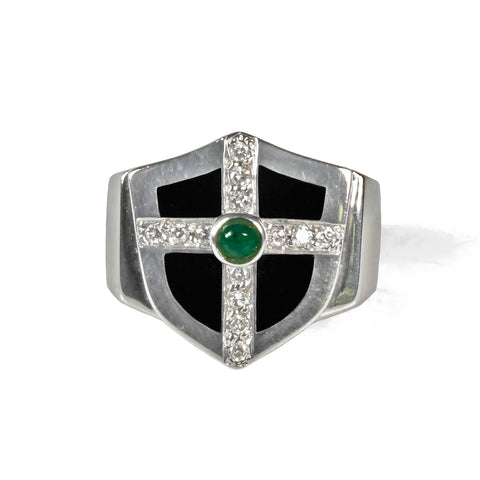 DIRTY HARRY RING w/ONYX, DIAMOND CROSS & EMERALD
