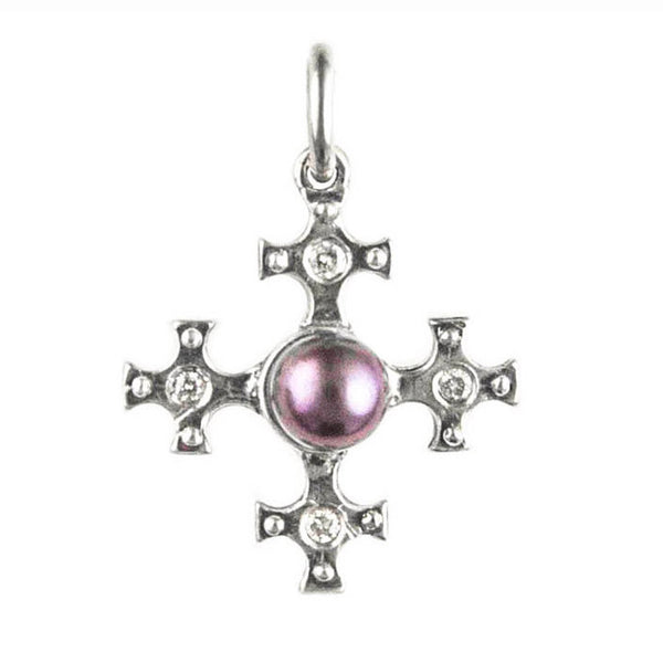 CROSS PENDANT w/ CENTER PEARL & DIAMONDS