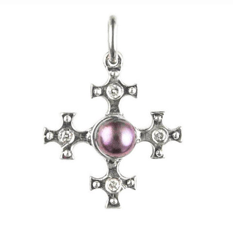 CROSS PENDANT w/ CENTER PEARL & DIAMONDS