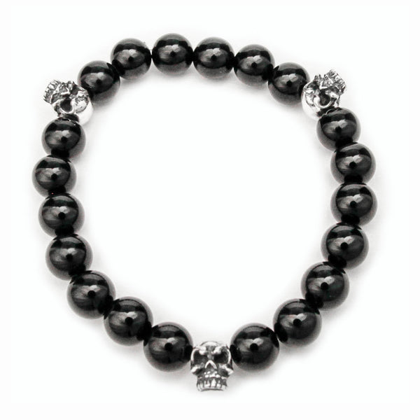 SMALL ONYX BEADS BRACELET w/ 3 TINY SKULLS