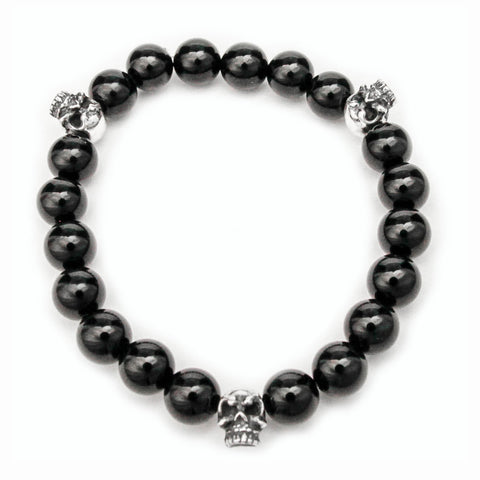 SMALL ONYX BEADS BRACELET w/ 3 TINY SKULLS