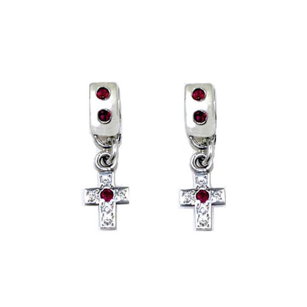 SMALL HUGGIE HOOP EARRINGS w/ CROSS DROP & PRECIOUS STONES