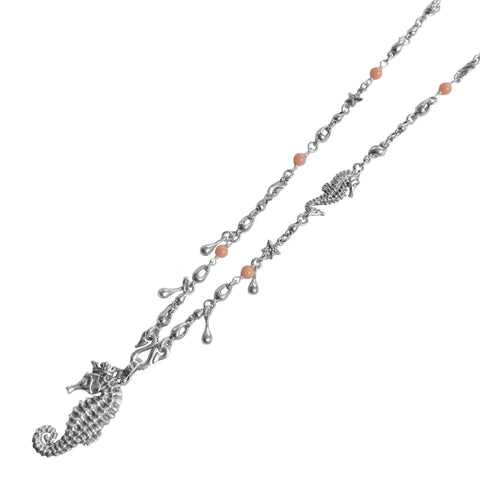SEAHORSE NECKLACE w/ WATER DROPS, BEADS & SEAHORSE CHARM