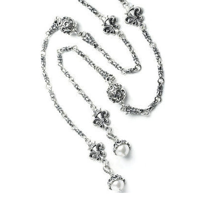FLEUR-DE-LYS LARIAT w/ FILIGREE BALLS & PEARLS