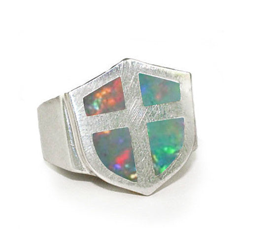 SERPICO SHIELD AND CROSS RING w/ OPAL