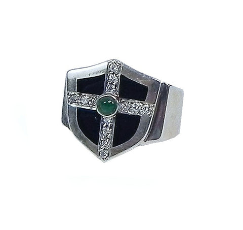 DIRTY HARRY RING w/ONYX, DIAMOND CROSS & EMERALD