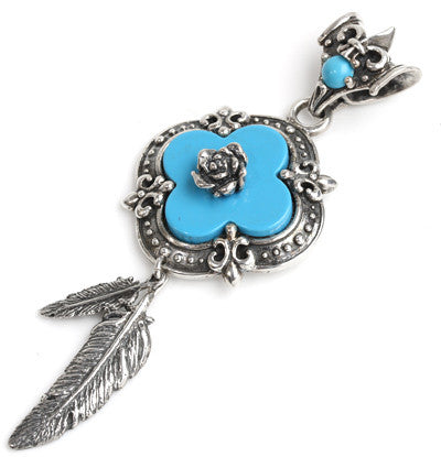CLOVER ROSE PENDANT w/ TURQUOISE & FEATHERS 2, 6