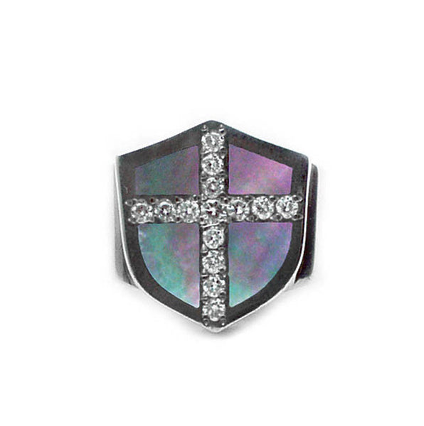 MONTANA ICE SHIELD RING w/ MOTHER OF PEARL and DIAMOND CROSS