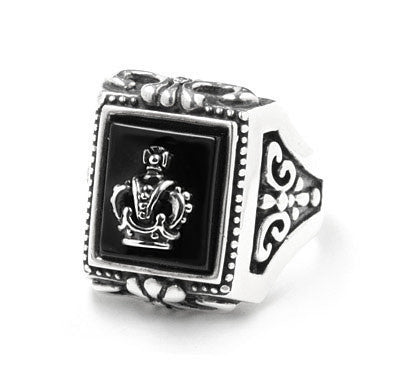 RECTANGLE ONYX FRAME RING w/ CENTER EMBLEM & CZs
