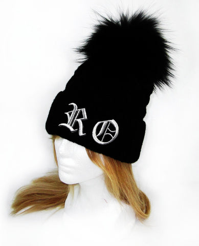 Royal Order Black Knit Beanie with Raccoon Fur Pompom