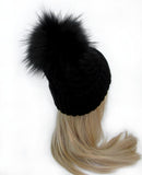 Royal Order Black Knit Beanie with Raccoon Fur Pompom